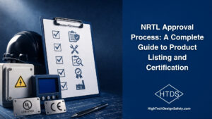 NRTL approval process industrial background with electrical control panel, UL certification elements, and engineering schematics for product safety and compliance